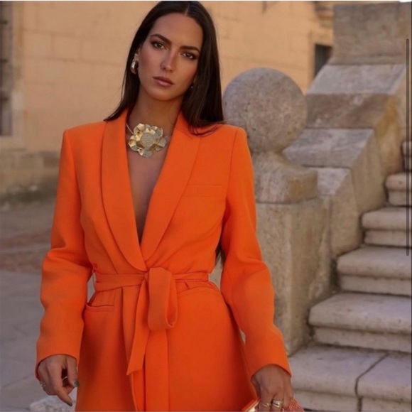 ZARA 2 PIECE BELTED TUXEDO COLLAR BLAZER AND HIGH WAISTED PANTS - Picture 4 of 10